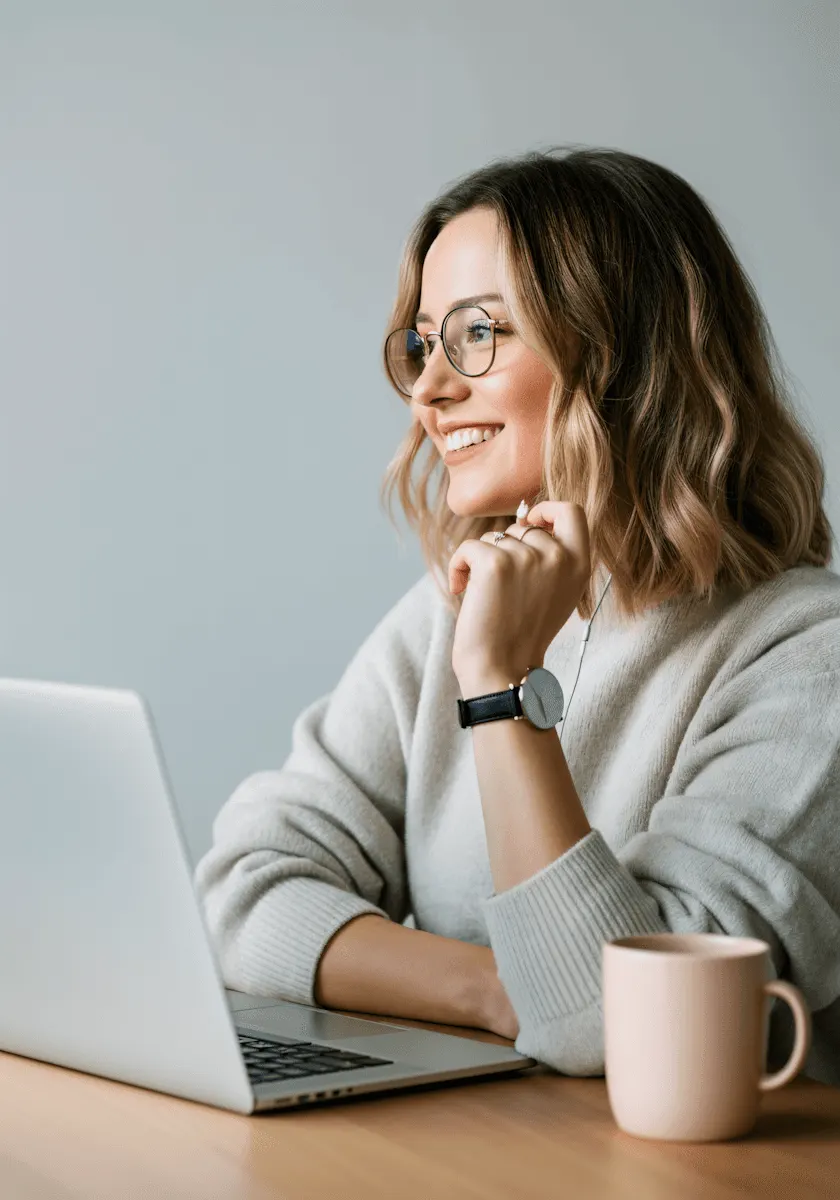 Smiling woman with glasses working on a laptop at a wooden desk, with a pink coffee mug beside her