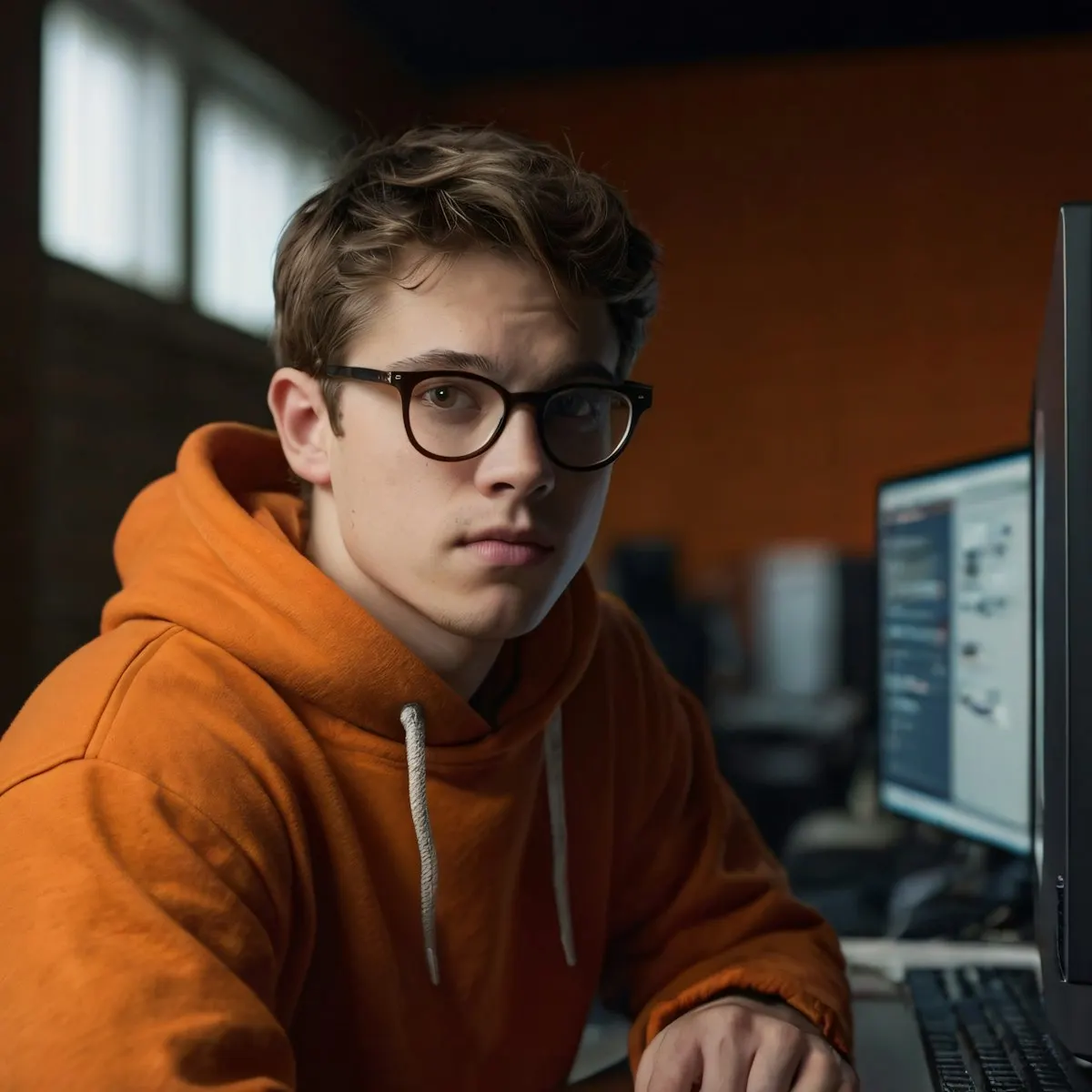 Young man in an orange hoodie and glasses at a desk with dual monitors in a dark office 